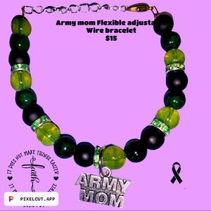Army Mom green beaded flexible adjustable wire bracelet